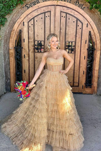 Elegant Ball Gown Strapless Gold Ruffle Tiered Tulle Long Prom Dresses VK24053001