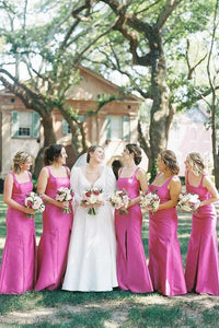 Elegant Sheath Square Neck Fuchsia Satin Bridesmaid Dresses with Bow VK24112501