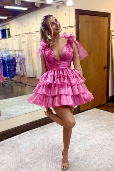 Cute A Line Fuchsia V Neck Ruffle Organza Short Homecoming Dresses with Bow Straps VK24052201