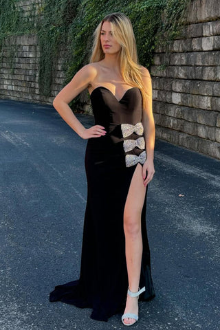 Charming Mermaid Strapless Black Slit Prom Dresses with Beading Bow VK2312809