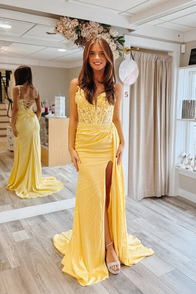 Cute Sheath Sweetheart Yellow Satin Prom Dress with Slit VK25030106