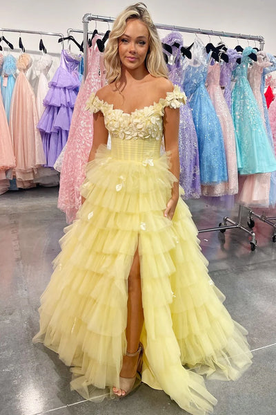 Cute A Line Off the Shoulder Tiered Tulle Long Prom Dresses with Appliques VK24101908