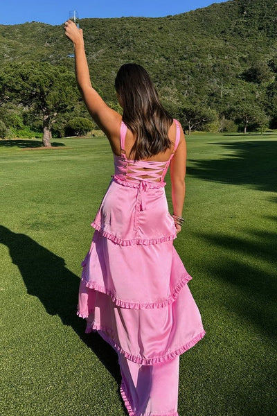 Chic Hot Pink Ruffles Slit Long Dress with Lace-up Back