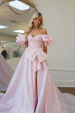 Fairy A Line Off the Shoulder Pink Satin Slit Prom Dress with Bow VK24122407