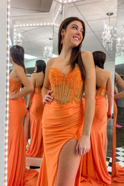 Charming Mermaid Sweetheart Orange Satin Long Prom Dresses with Appliques VK24102209