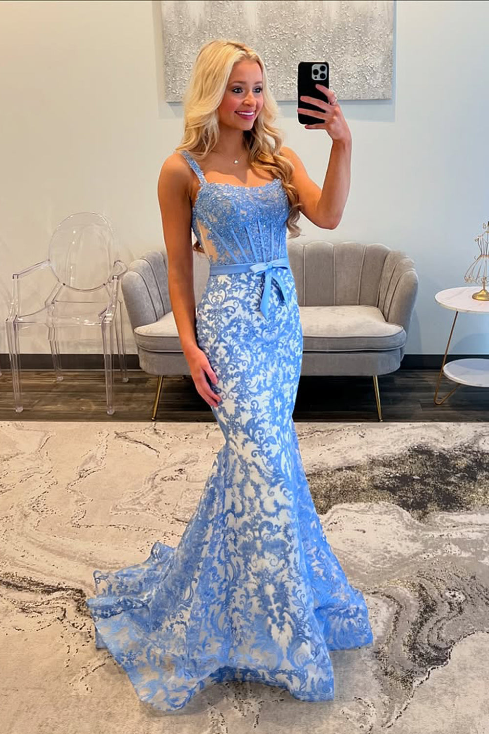 Gorgeous Mermaid Scoop Neck Blue Lace Prom Dress VK121410