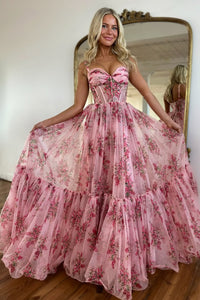 A-Line Sweetheart Pink Floral Printed Chiffon Long Prom Dresses VK021808