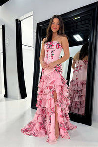 Sheath Strapless Floral Printed Ruffle Tiered Chiffon Prom Dresses with Slit VK022407