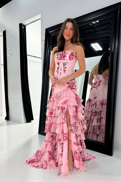 Sheath Strapless Floral Printed Ruffle Tiered Chiffon Prom Dresses with Slit VK022407