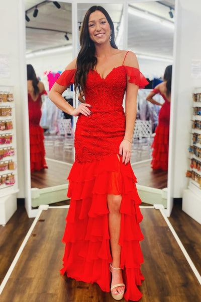 Fairy Mermaid V Neck Red Chiffon Tiered Long Prom Dresses with Appliques VK24111504