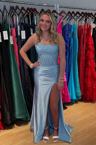 Elegant Mermaid Scoop Neck Light Blue Satin Long Prom Dress with Appliques VK020304