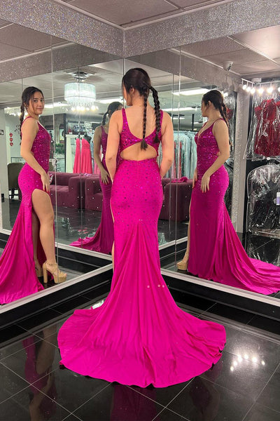 Fuchsia V Neck Beaded Mermaid Long Prom Dresses with Slit VK24050902