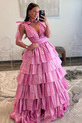 Pink V Neck Tiered Taffeta Long Prom Dresses with Bow VK23112602