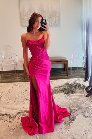 Chic Mermaid Scoop Neck Fuchsia Satin Slit Prom Dress with Appliques