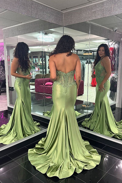 Chic Mermaid V Neck Satin Long Prom Dresses with Appliques VK24112217