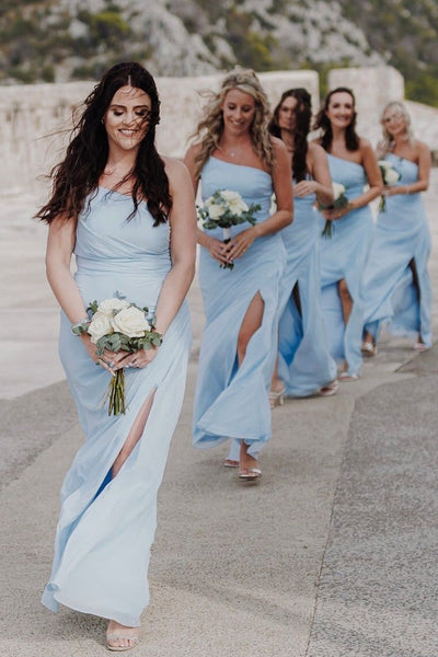 Simple Sheath One Shoulder Light Blue Chiffon Slit Bridesmaid Dress VK13120911