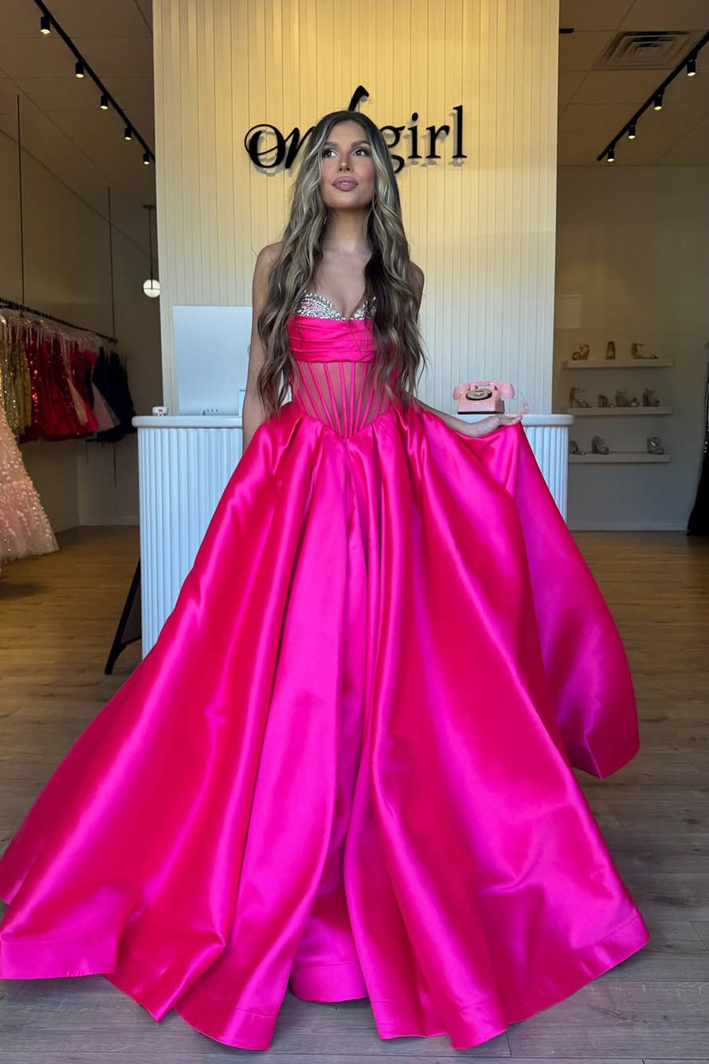 Gorgeous Ball Gown Sweetheart Fuchsia Satin Prom Dress with Beading VK25012007