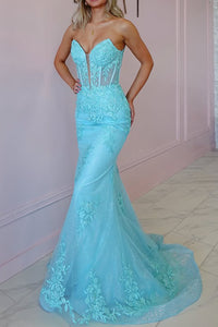 Mermaid Strapless Blue Tulle Long Prom Dresses with Appliques VK021501