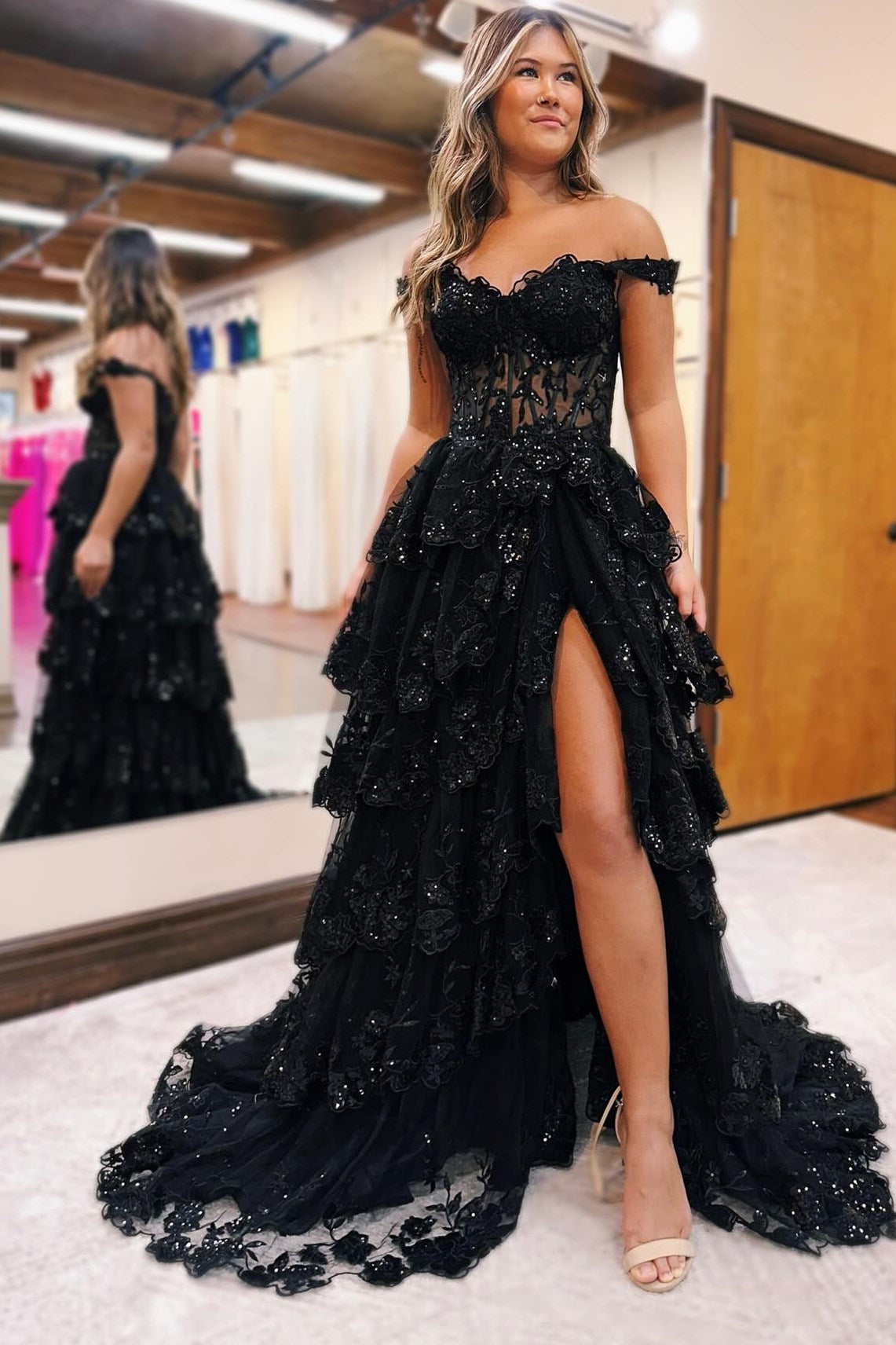 Gorgeous Off-the-Shoulder Black Ruffle Tulle Long Prom Dress with Beading