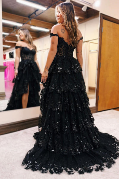 Gorgeous Off-the-Shoulder Black Ruffle Tulle Long Prom Dress with Beading