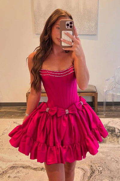 Cute A Line Scoop Neck Pink Satin Short Homecoming Dresses with Beading VK24082308