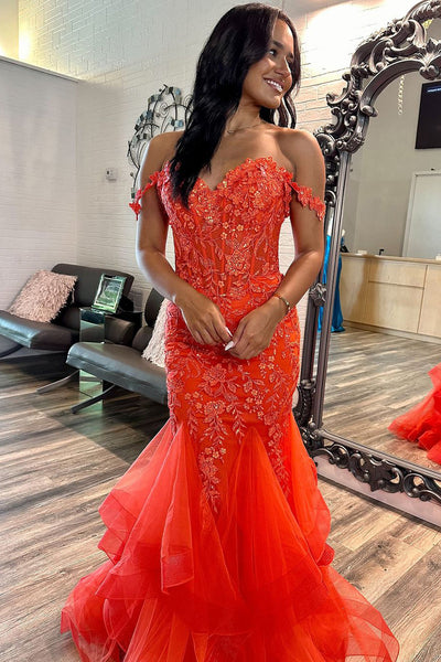 Cute Mermaid Off the Shoulder Orange Lace Long Prom Dresses with Appliques