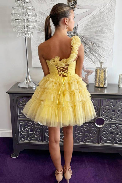 Cute A Line One Shoulder Yellow Short Homecoming Dresses with Flowers VK24082212