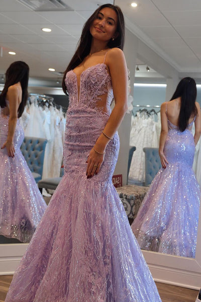 Mermaid V Neck Lilac Sequins Appliques Long Prom Dresses VK24022804