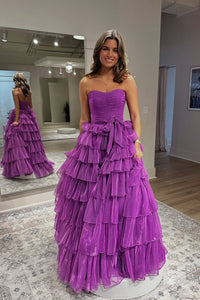 Cute Ball Gown Sweetheart Purple Tiered Prom Dress VK1361801