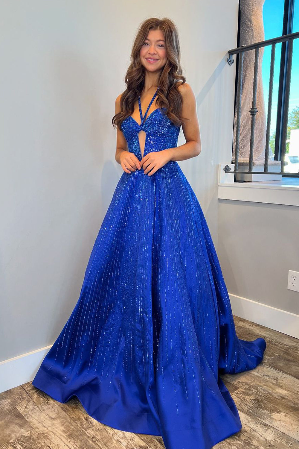 Cute A Line V Neck Royal Blue Satin Prom Dresses with Beading