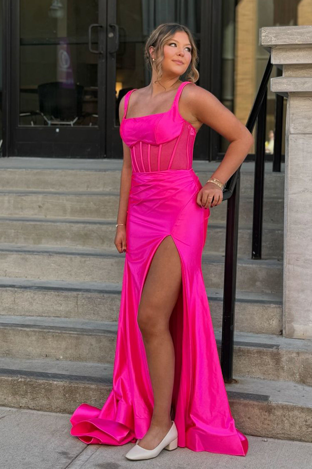 Mermaid Square Neck Satin Pink Slit Prom Dresses VK24112219