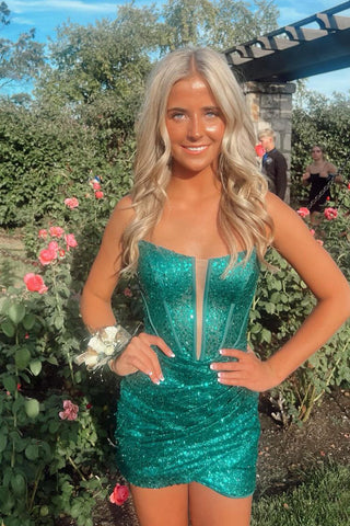 Cute Bodycon V Neck Green Sequins Short Homecoming Dresses VK24102102