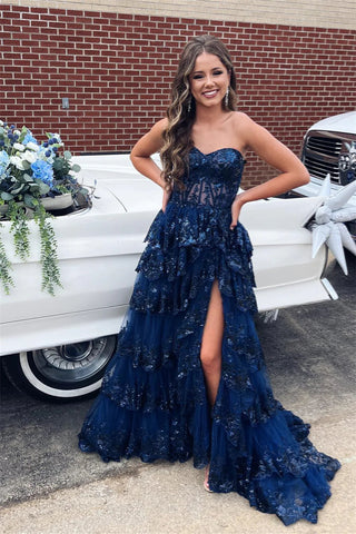 A Line Off the Shoulder Navy Sequins Tiered Slit Prom Dress VK24122607