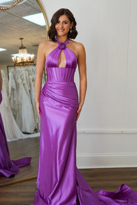 Chic Mermaid Halter Purple Satin Long Prom Dresses VK130612