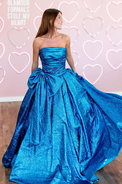 Ball Gown Strapless Blue Organza Long Prom Dresses with Bowknot VK021404