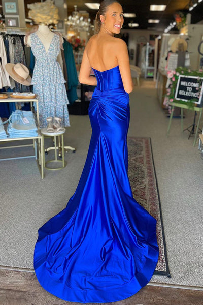 Cute Mermaid Sweetheart Royal Blue Satin Long Prom Dresses with Slit VK24100910