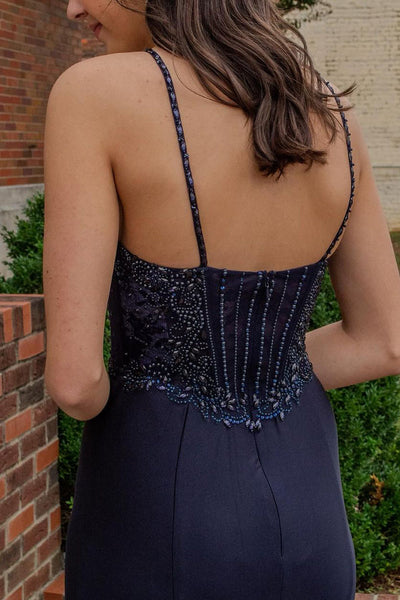 Chic Mermaid Straps Navy Satin Long Prom Dresses with Beading VK112110