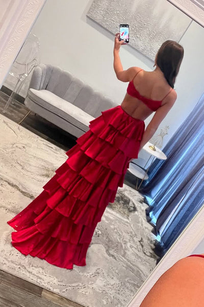 Charming A Line V Neck Red Satin Slit Tiered Prom Dress VK1361808