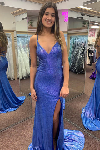 Charming Mermaid V Neck Royal Blue Hot Stone Beading Prom Dresses VK24120302