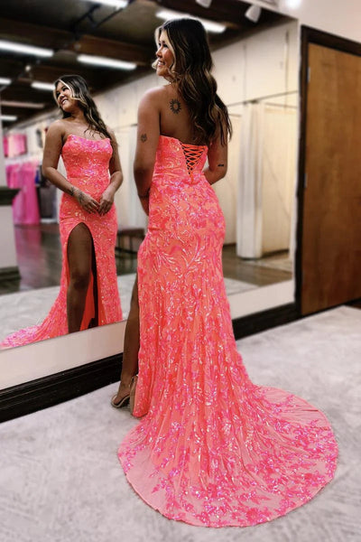 Cute Sheath Mermaid Scoop Neck Coral Sequins Prom Dresses with Slit VK112115