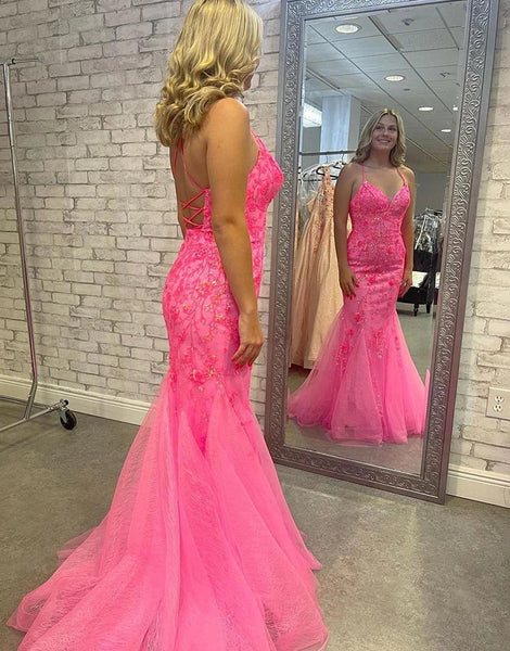 Pink Spaghetti Straps Corset Tulle Prom Dress With Appliques VK24030105