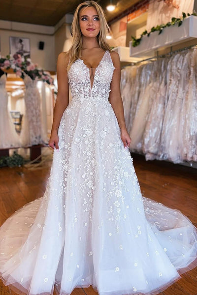 Fairy A Line V Neck Tulle Wedding Dresses with Appliques VK24102803