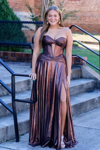 Charming A Line Sweetheart Brown Slit Long Prom Dresses VK24112214