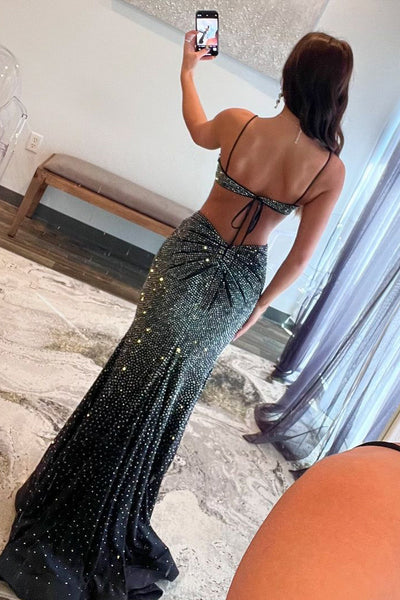 Cute Mermaid Scoop Neck Black Glitter Satin Slit Prom Dress