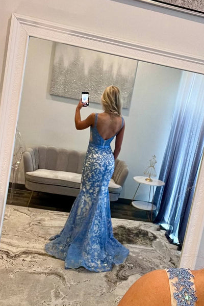 Gorgeous Mermaid Scoop Neck Blue Lace Prom Dress VK121410