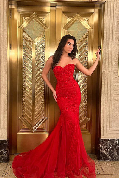 Charming Mermaid Sweetheart Red Lace Long Prom Dresses VK24100701