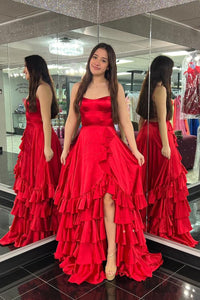 Red Scoop Neck Ruffle Tiered Satin A-Line Long Prom Dresses VK24033103