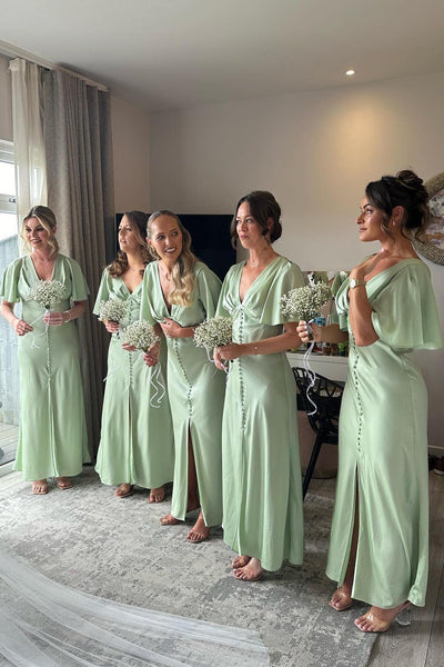 Simple Sheath V Neck Light Green Satin Bridesmaid Dress with Ruffled Sleeves VK24122403