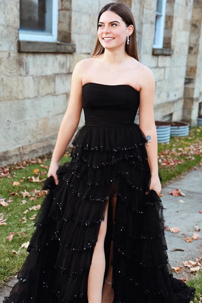 Cute A Line Strapless Black Tiered Tulle Long Prom Dresses with Slit VK24101915