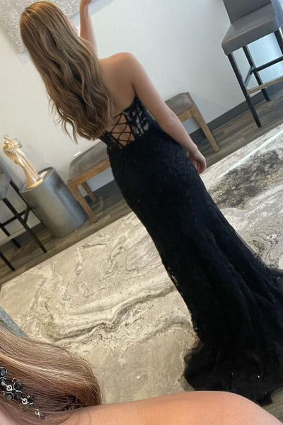 Cute Mermaid Sweetheart Black Lace Beaded Prom Dresses with Slit VK112113